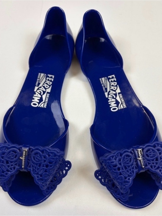 Salvatore Ferragamo Shoes - SALVATORE FERRAGAMO BLUE JELLY LACE BOW PEEP TOE FLATS SIZE 7